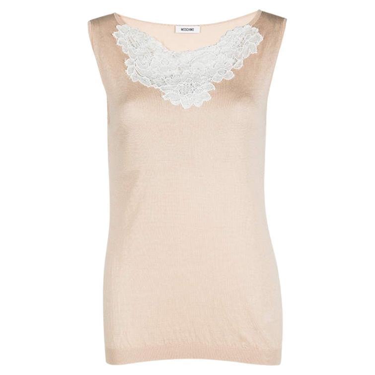 Moschino Beige Knit Lace Neck Trim Detail Sleeveless Top M For Sale