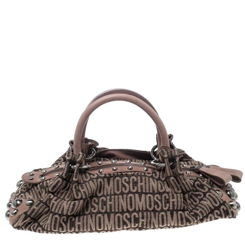 Moschino Beige Signature Canvas and Leather Studded Satchel 7