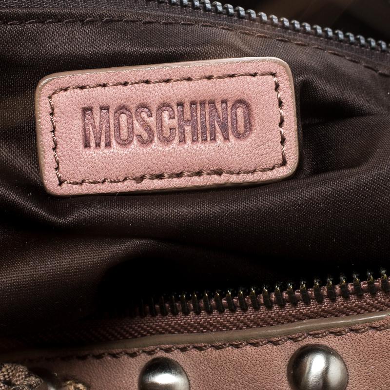 Women's Moschino Beige Signature Canvas and Leather Studded Satchel