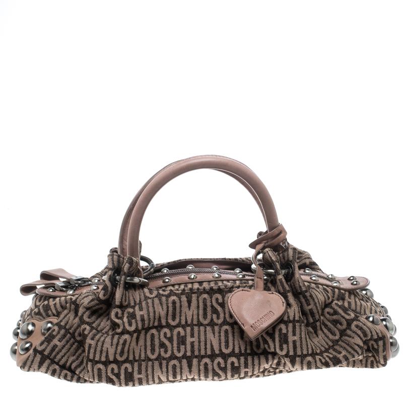 Moschino Beige Signature Canvas and Leather Studded Satchel 2