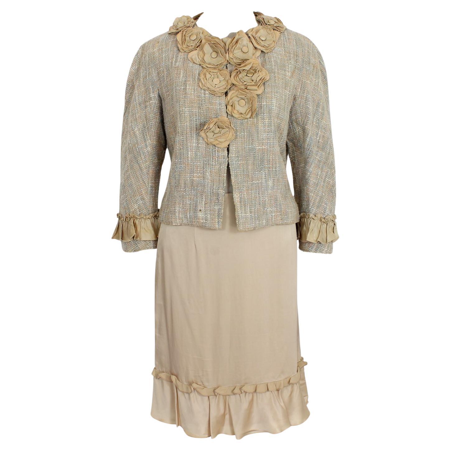 Moschino Beige Silk Floral Elegant Skirt Suit 2000s For Sale