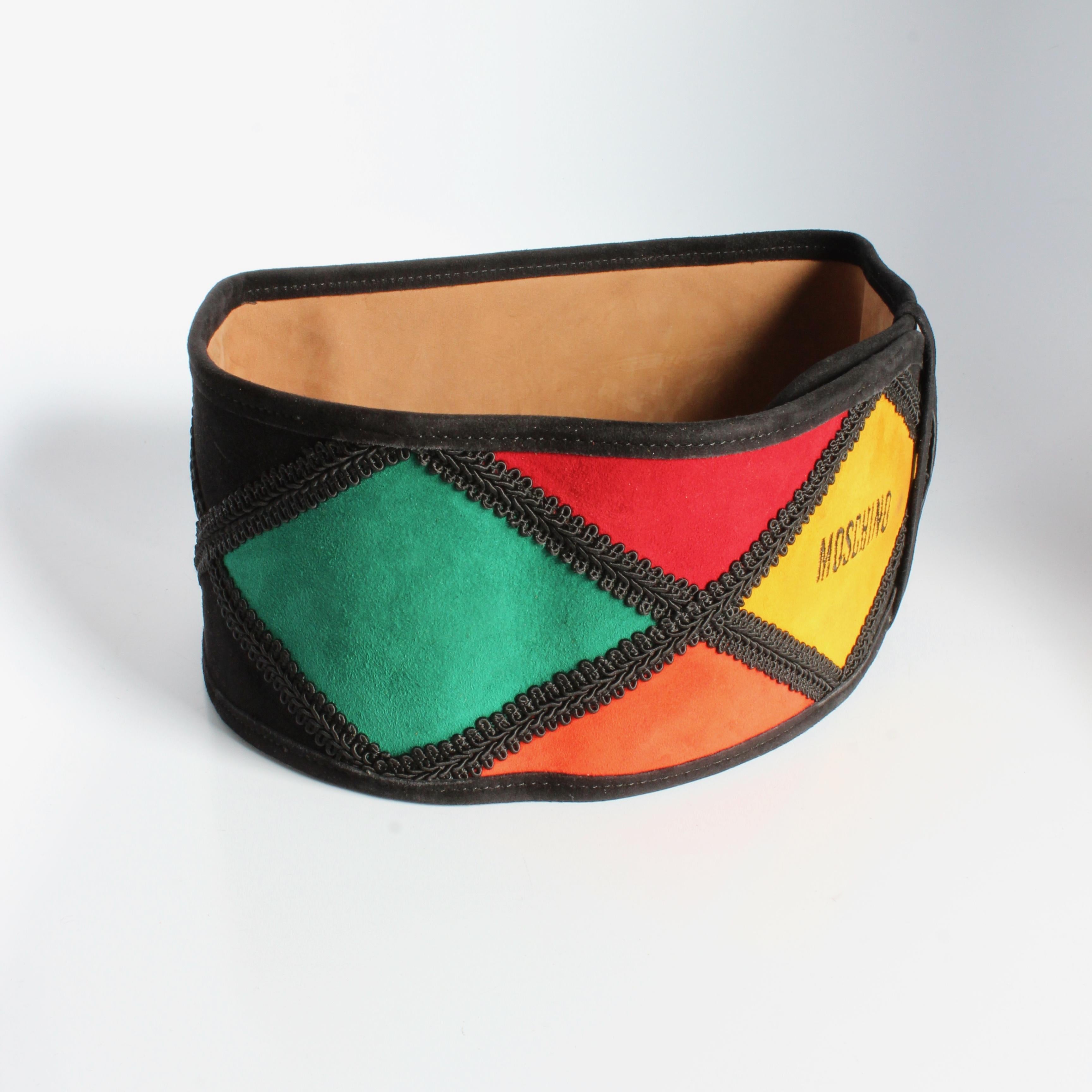 Moschino Belt Wide Harlequin Patch Multicolor Suede Leather Redwall Italy Rare In Good Condition For Sale In Port Saint Lucie, FL