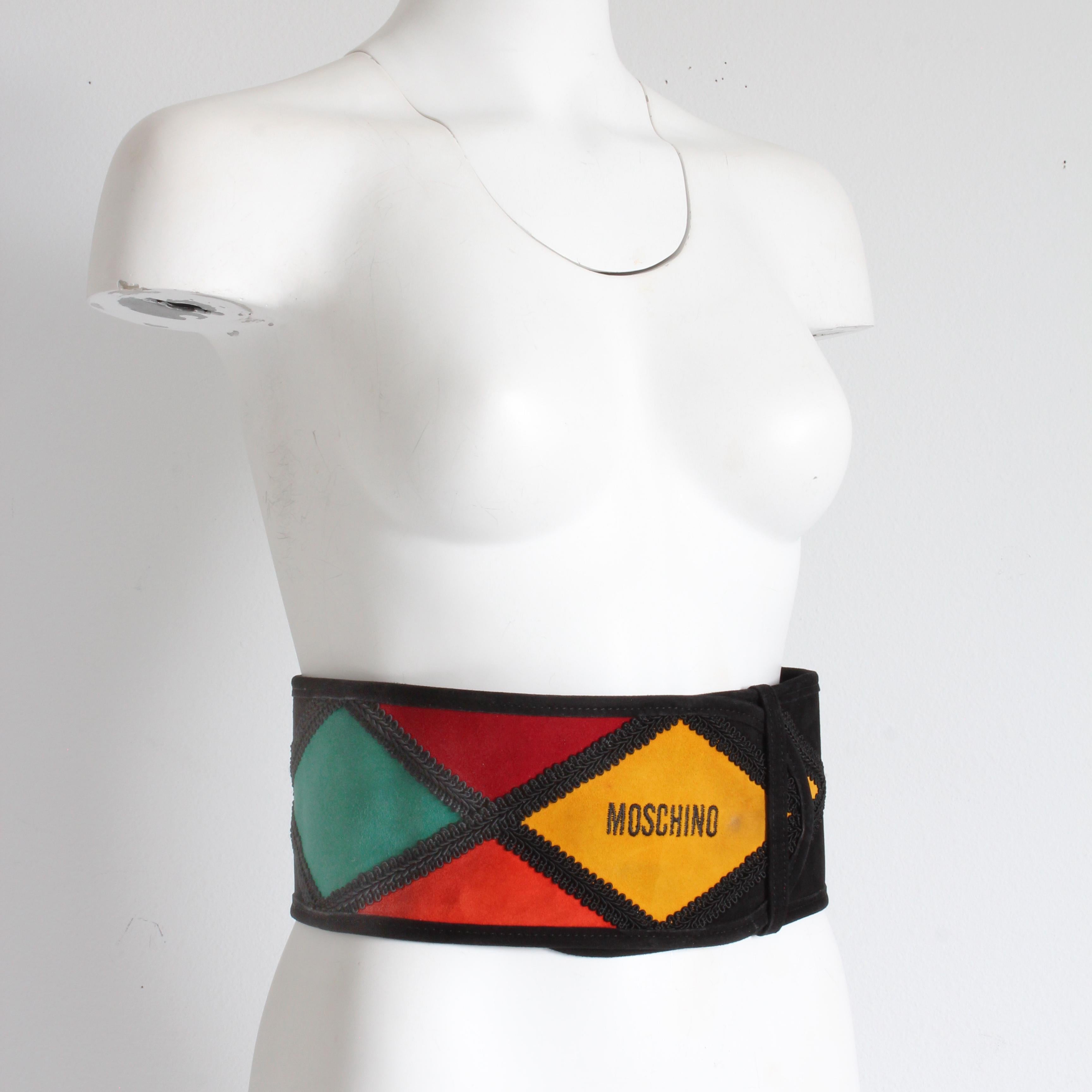 Women's Moschino Belt Wide Harlequin Patch Multicolor Suede Leather Redwall Italy Rare For Sale