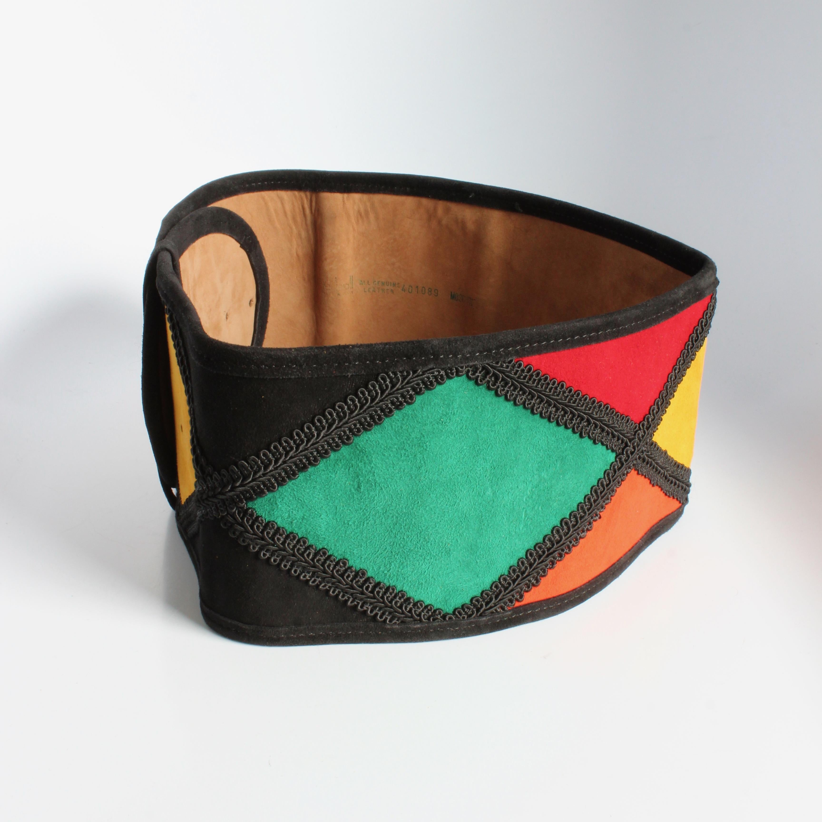 Moschino Belt Wide Harlequin Patch Multicolor Suede Leather Redwall Italy Rare For Sale 1