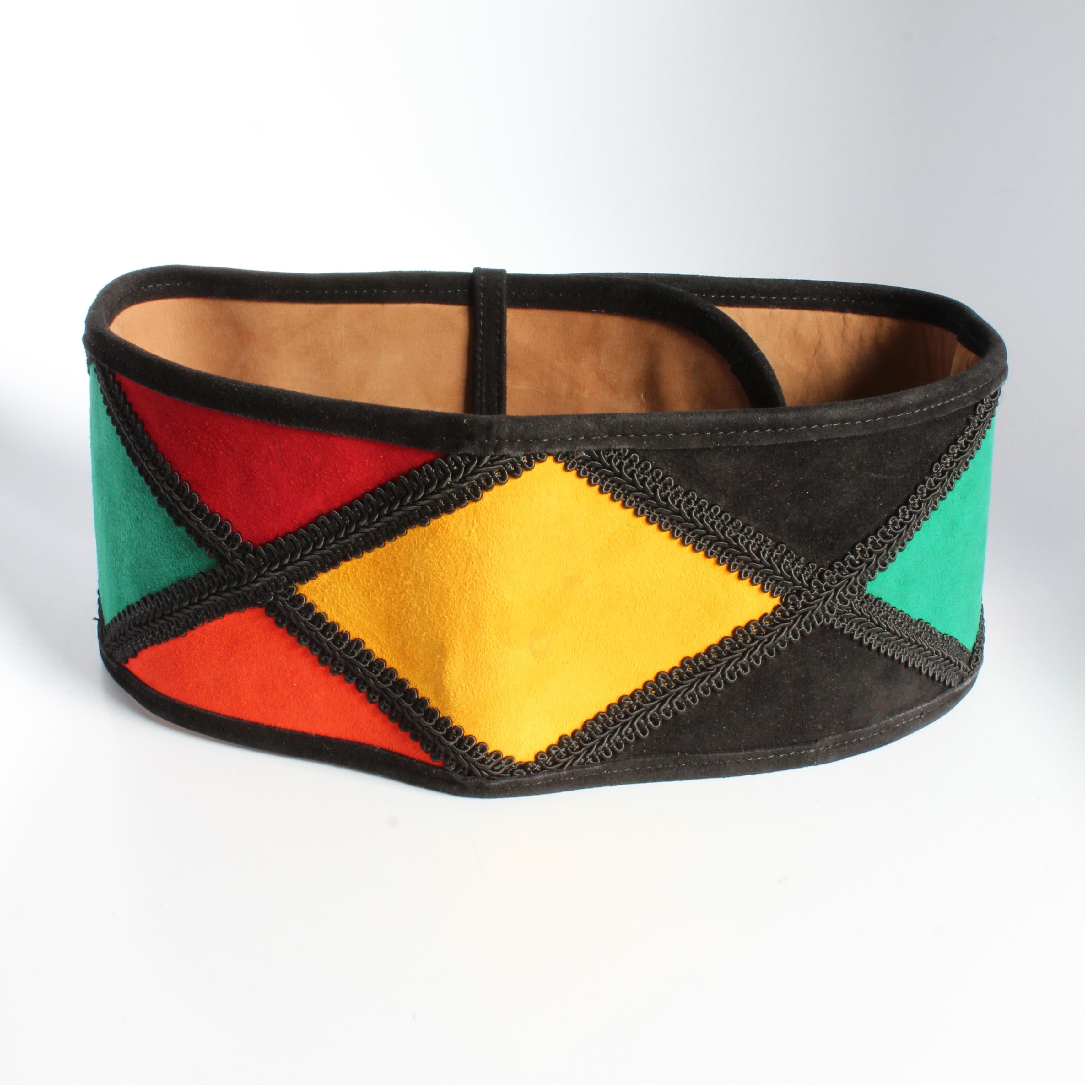 Moschino Belt Wide Harlequin Patch Multicolor Suede Leather Redwall Italy Rare For Sale 2