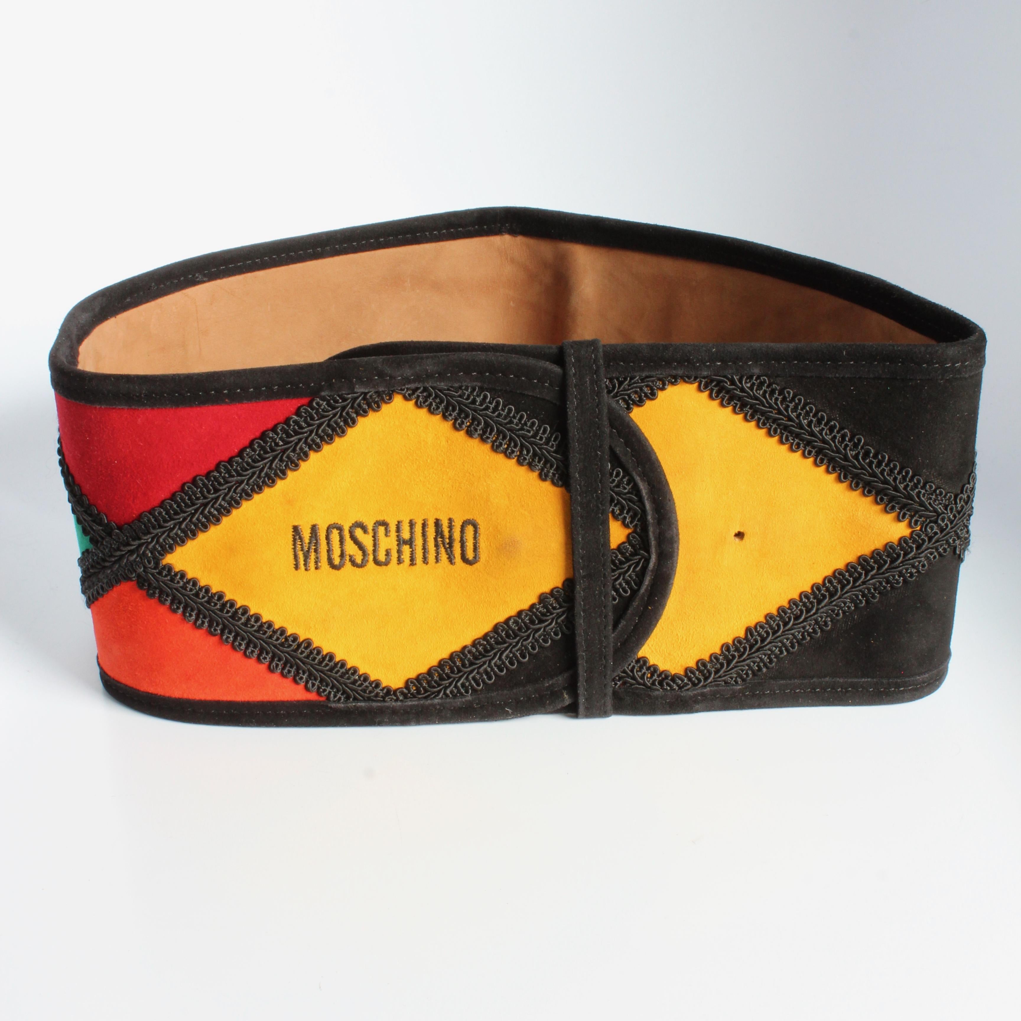 Moschino Belt Wide Harlequin Patch Multicolor Suede Leather Redwall Italy Rare For Sale 3