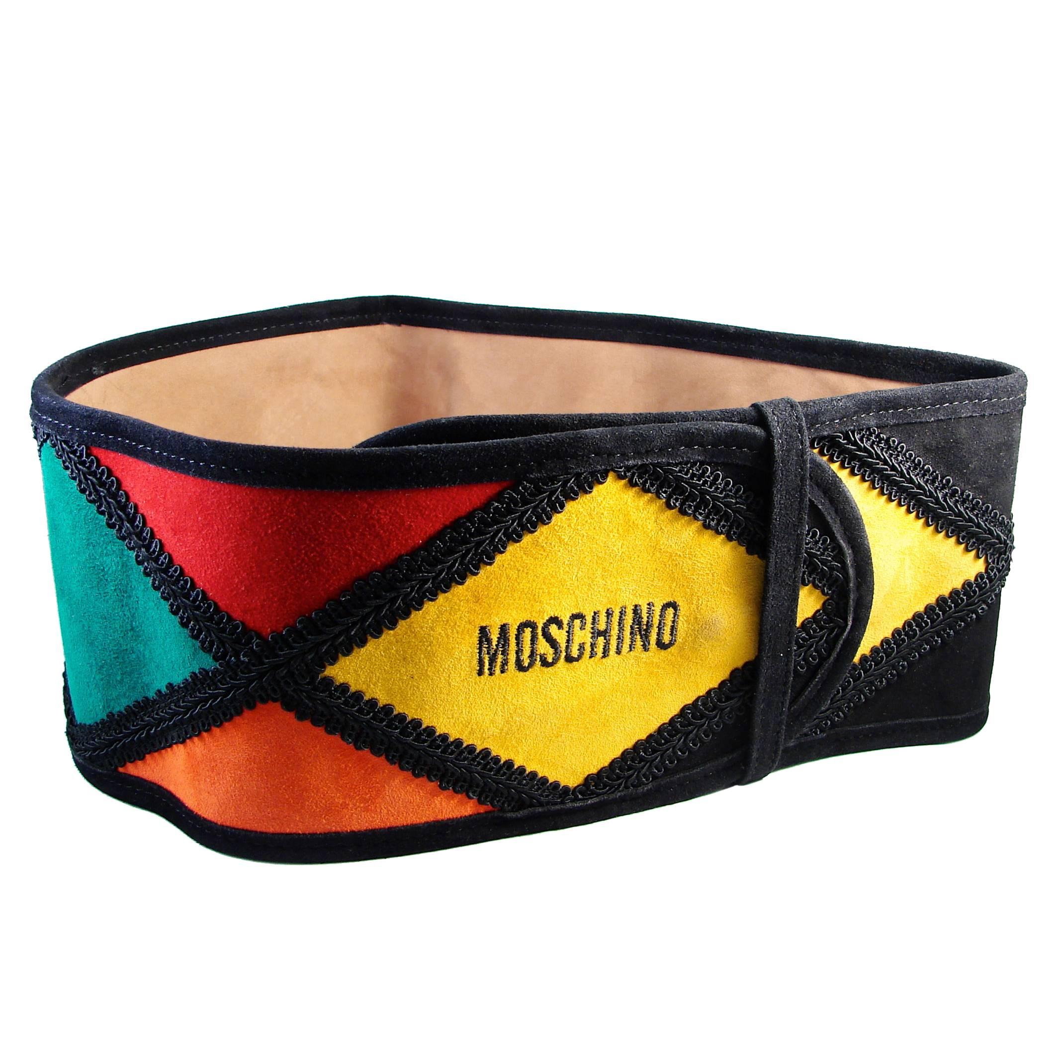 Moschino Belt Wide Harlequin Patch Multicolor Suede Leather Redwall Italy Rare For Sale
