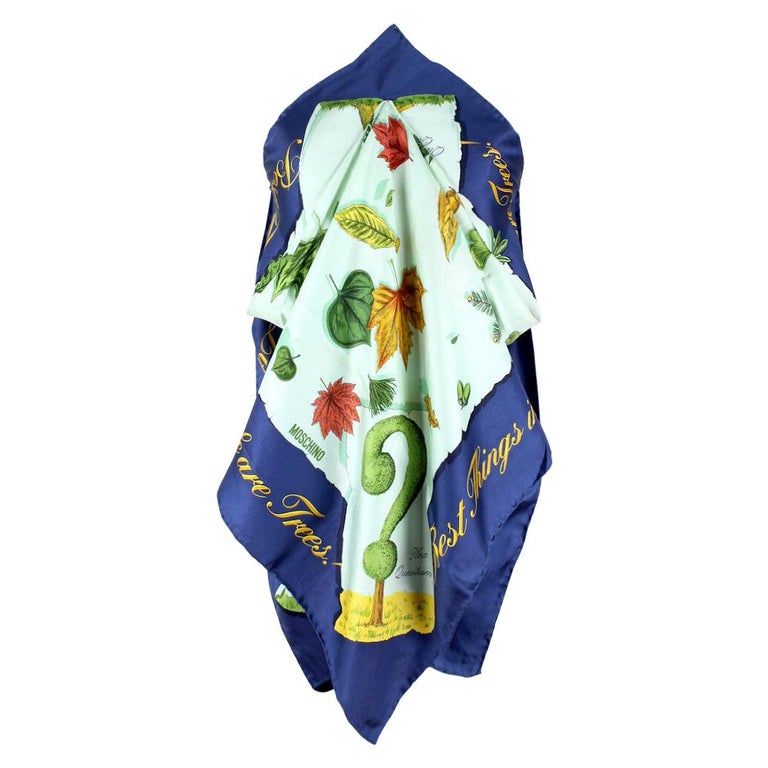 Moschino "Best Things in Life are Trees!" Silk Scarf Green & Blue, early 1990s  For Sale