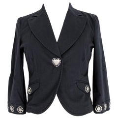 Moschino Black Cotton Jeans Jacket Studs Button Heart Shape 1990s 3/4 Sleeves