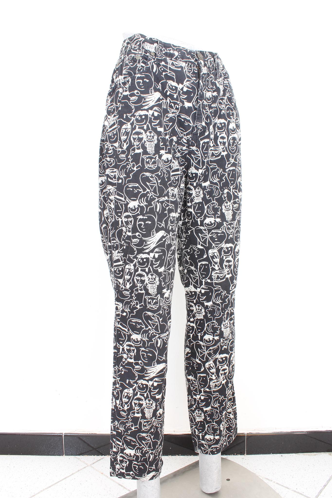 Moschino Black Cotton Vintage Iconic People Face Trousers 90s For Sale 1