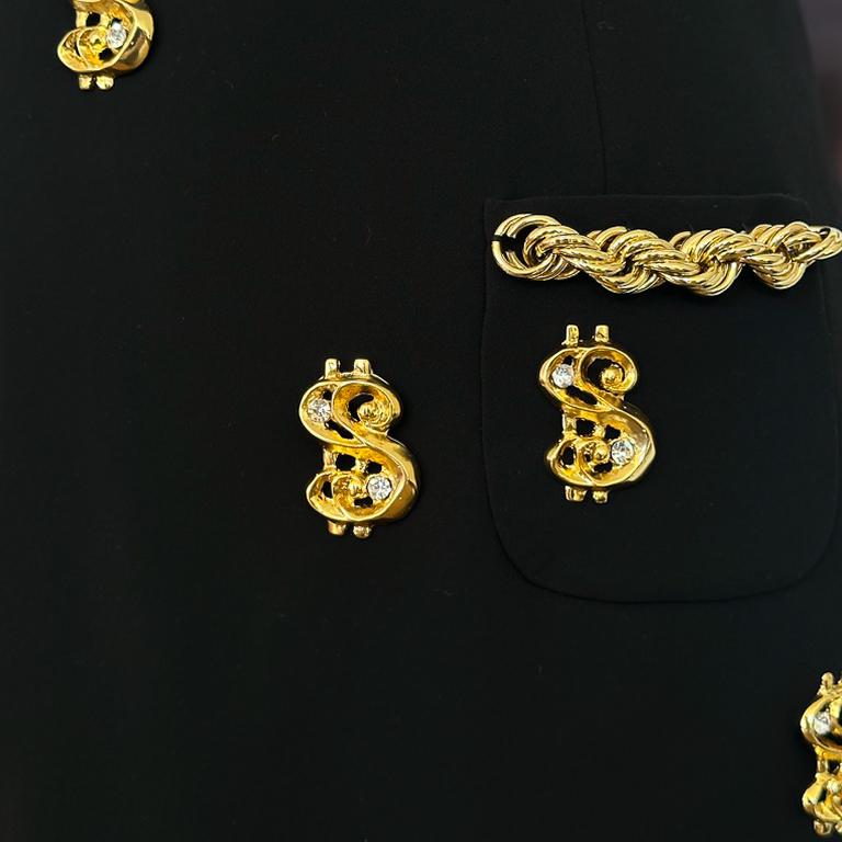 Noir Robe en crêpe noir à broderies en dollars dorés, Moschino, F/W 2019 en vente