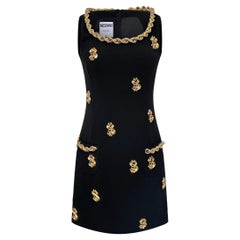 Moschino Black Crepe Dress with Gold Dollar Embroidery, F/W 2019 Moschino Black Crepe Dress with Gold Dollar Embroidery, F/W 2019