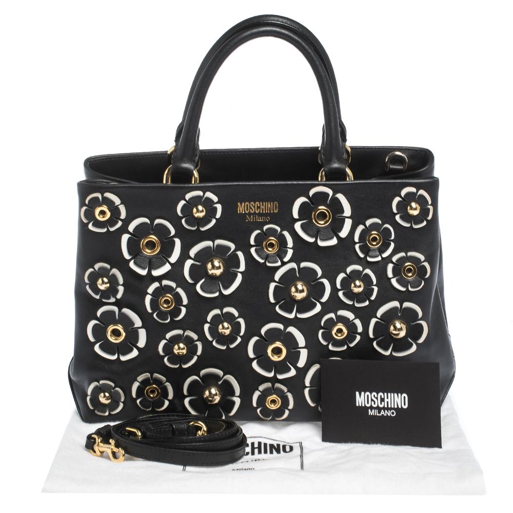 Moschino Black Floral Applique Leather Tote 5