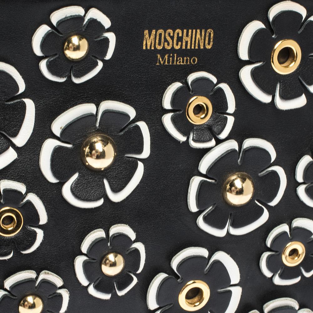 Moschino Black Floral Applique Leather Tote 3