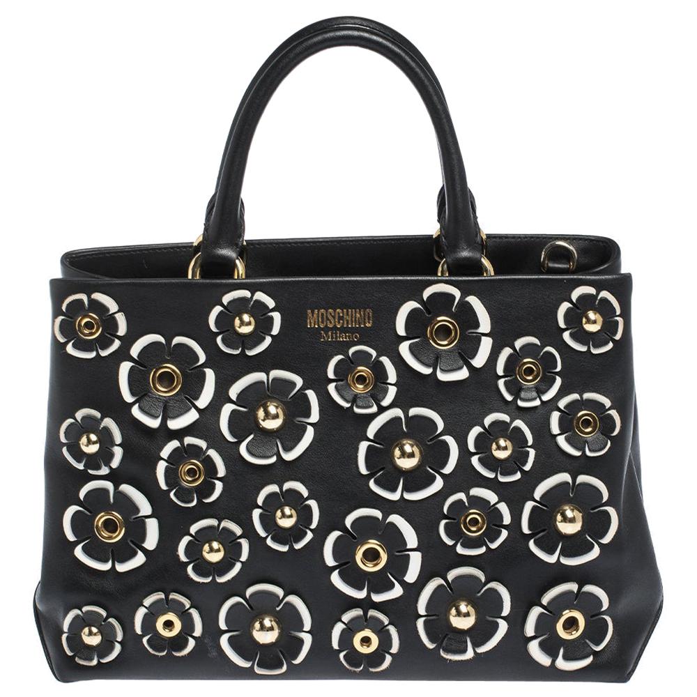 Moschino Black Floral Applique Leather Tote
