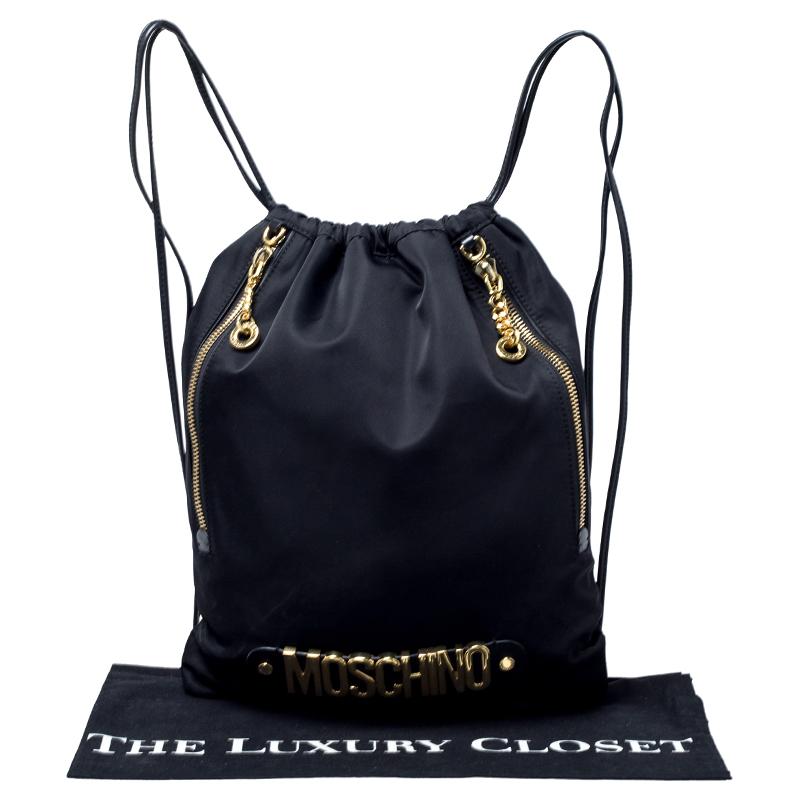 Moschino Black/Gold Logo Nylon Drawstring Backpack For Sale 7