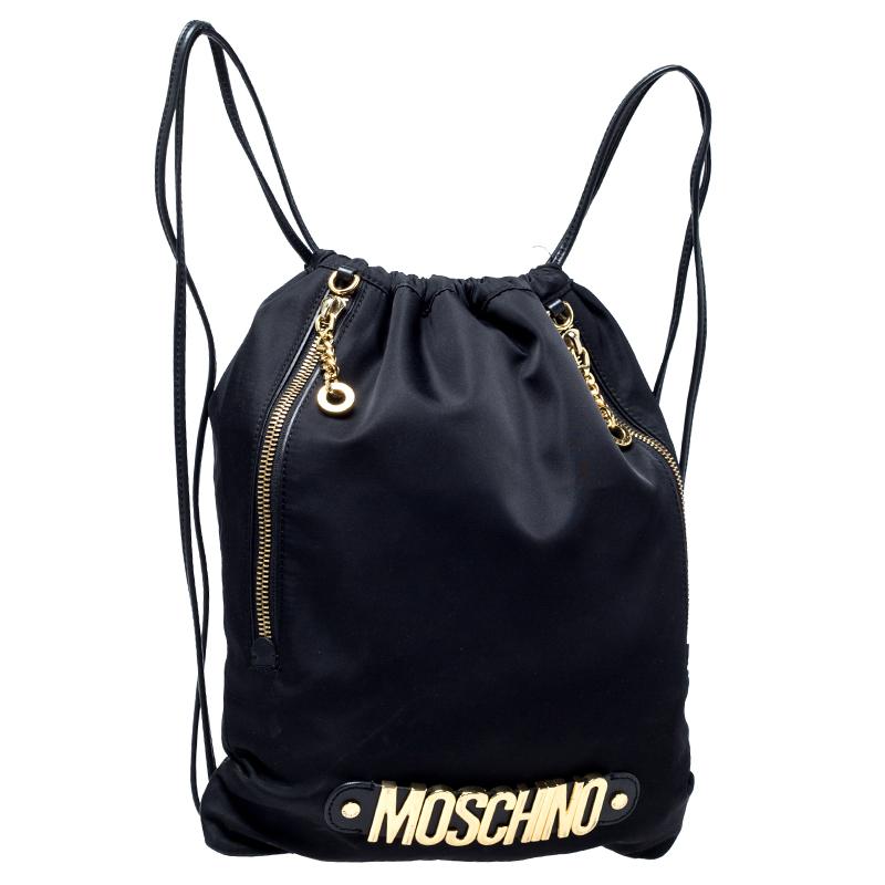 Women's Moschino Black/Gold Logo Nylon Drawstring Backpack For Sale