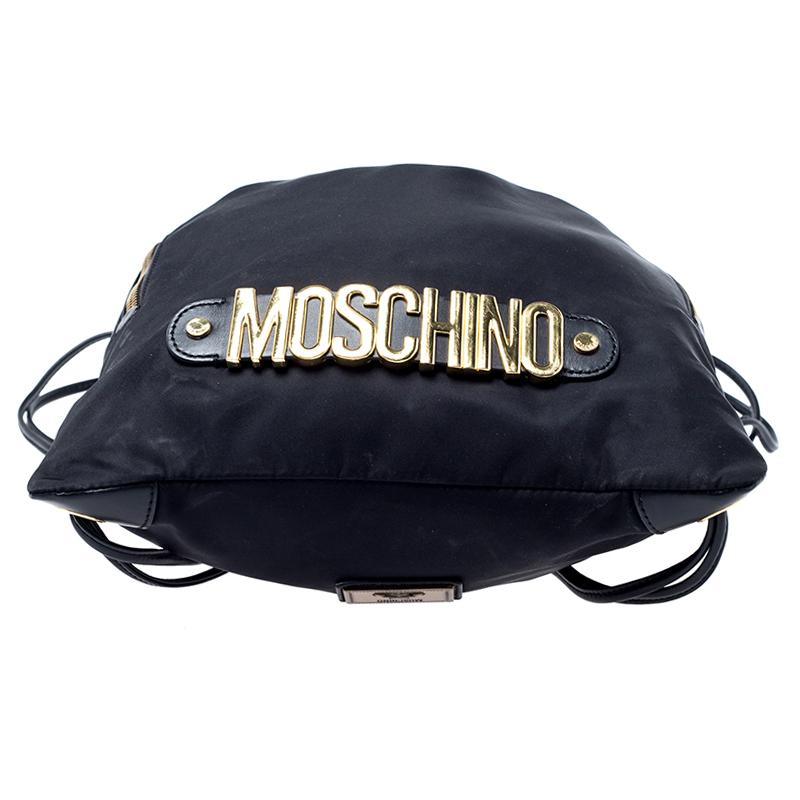 Moschino Black/Gold Logo Nylon Drawstring Backpack For Sale 1