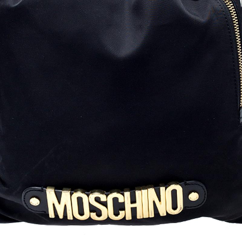 Moschino Black/Gold Logo Nylon Drawstring Backpack For Sale 3