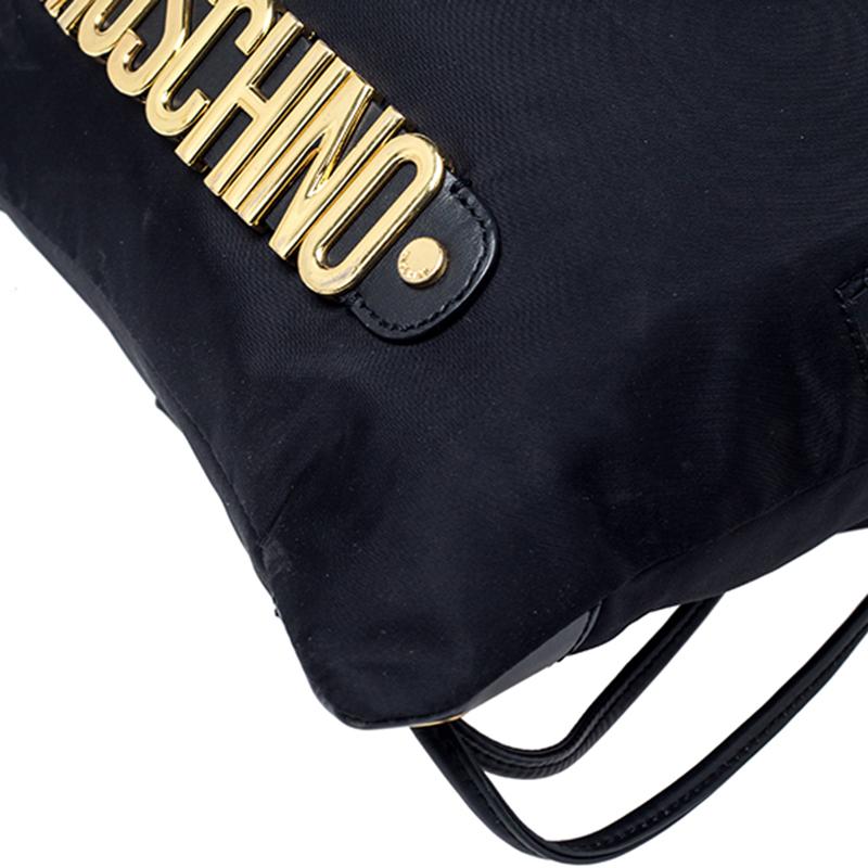 Moschino Black/Gold Logo Nylon Drawstring Backpack For Sale 5