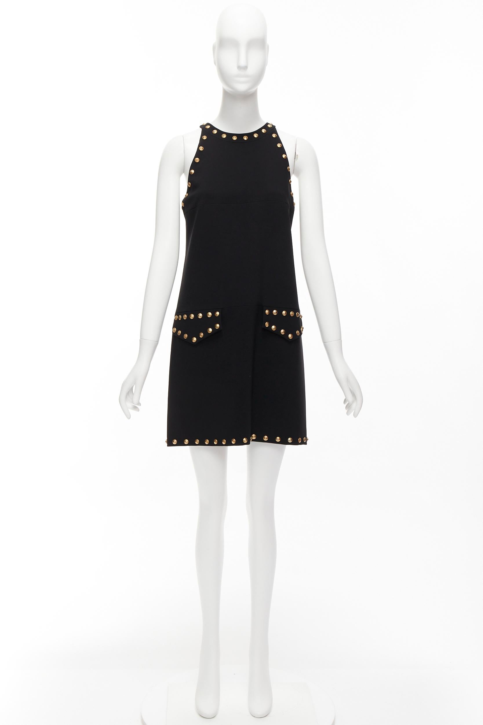 MOSCHINO black gold studded pocket flaps sleeveless dress IT40 S For Sale 5