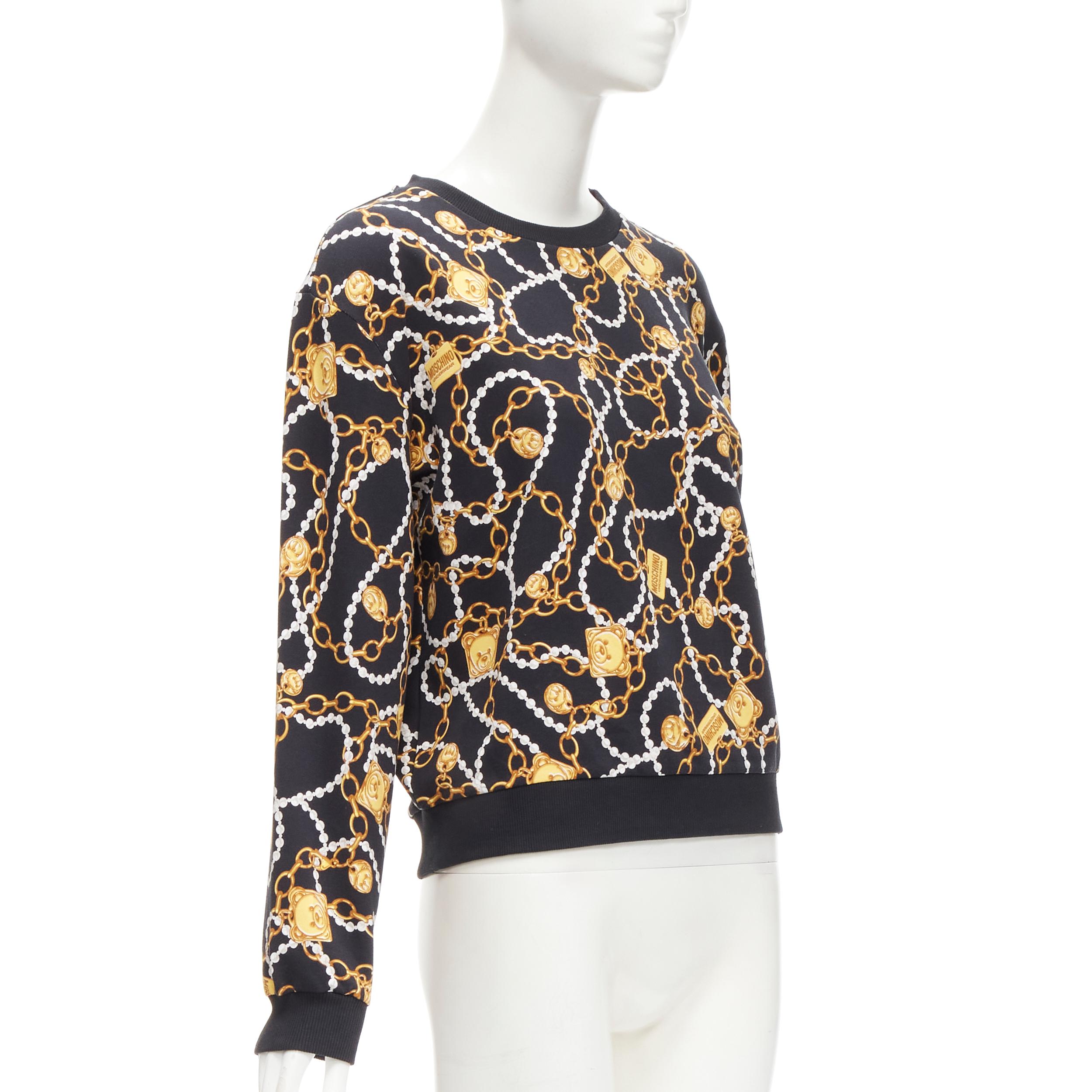 Black MOSCHINO black gold teddy bear chain pearl print sweatshirt S For Sale