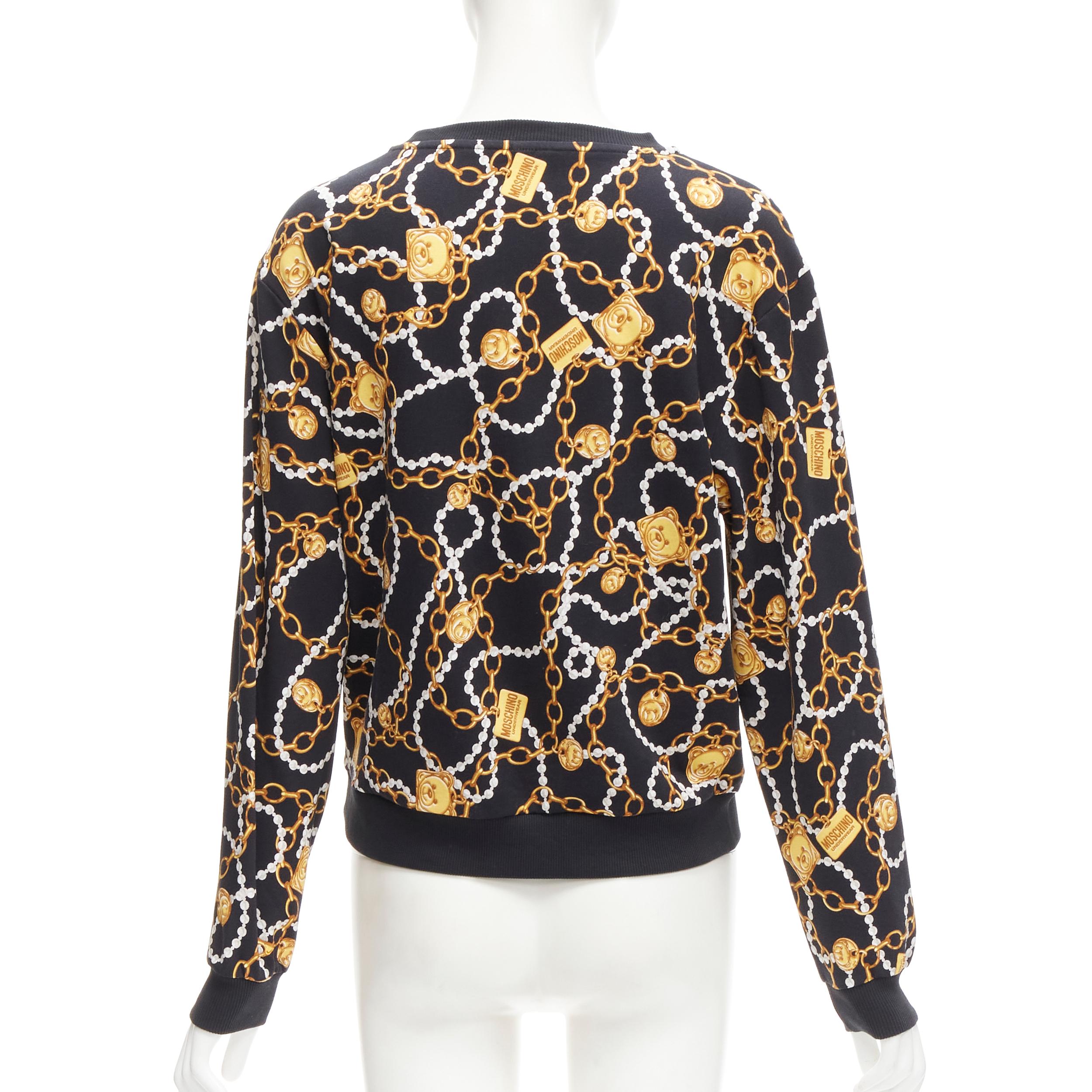 Women's MOSCHINO black gold teddy bear chain pearl print sweatshirt S For Sale