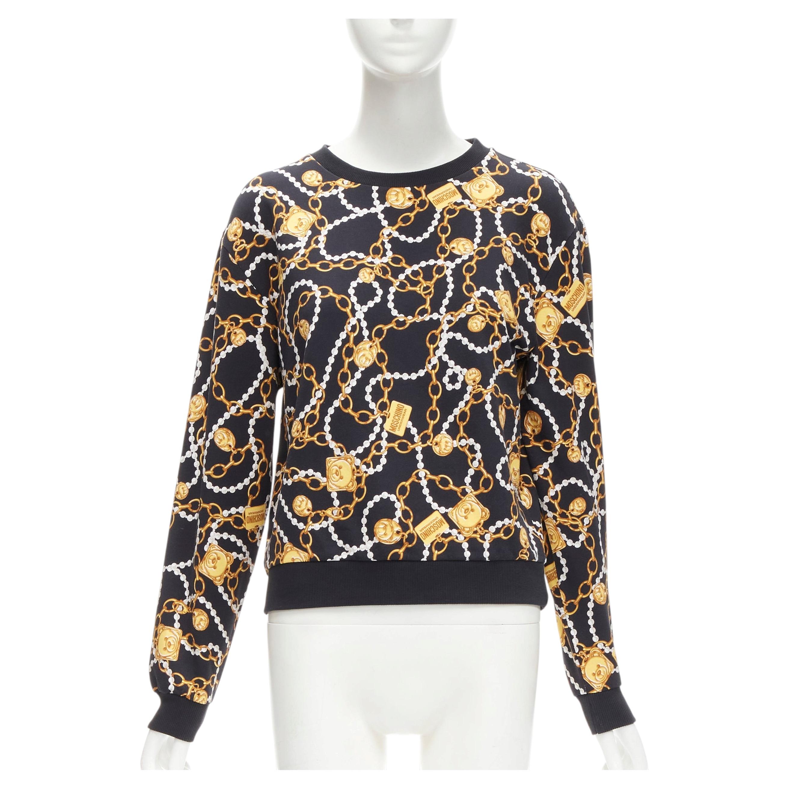 MOSCHINO black gold teddy bear chain pearl print sweatshirt S