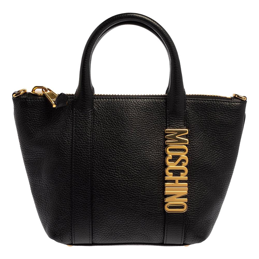 Moschino Black Grain Leather Side Logo Detail Tote