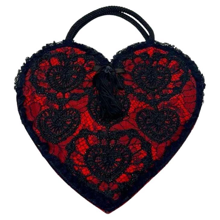 Moschino Black Lace Red Satin Heart Bag For Sale