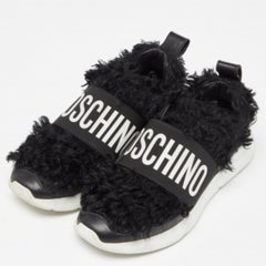 Moschino Black Leather and Faux Fur Logo Slip On Sneakers Size 37