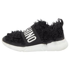 Moschino Black Leather and Faux Fur Logo Slip On Sneakers Size 37