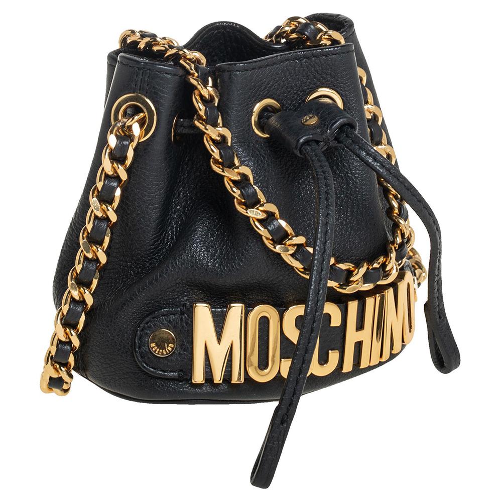 Moschino Schwarz Leder Drawstring Bucket Crossbody Bag Damen