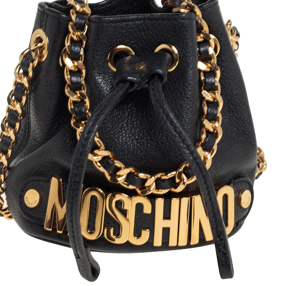 Moschino Schwarz Leder Drawstring Bucket Crossbody Bag 2
