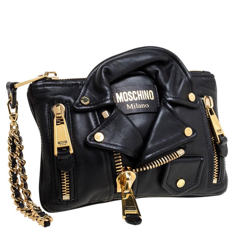 Moschino Black Leather Jacket Wristlet Clutch at 1stDibs