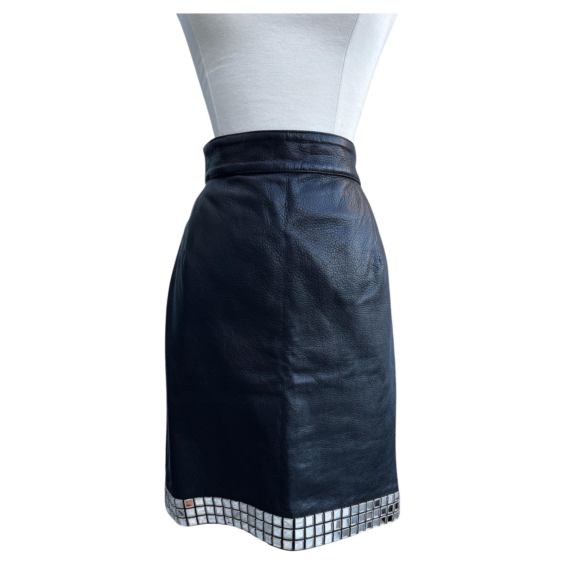 Moschino Black Leather Mirror Skirt, Circa 1990 For Sale
