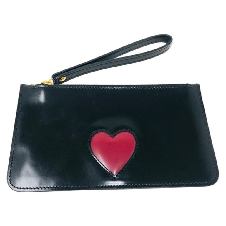 Moschino Black Leather Red Heart Wristlet Clutch