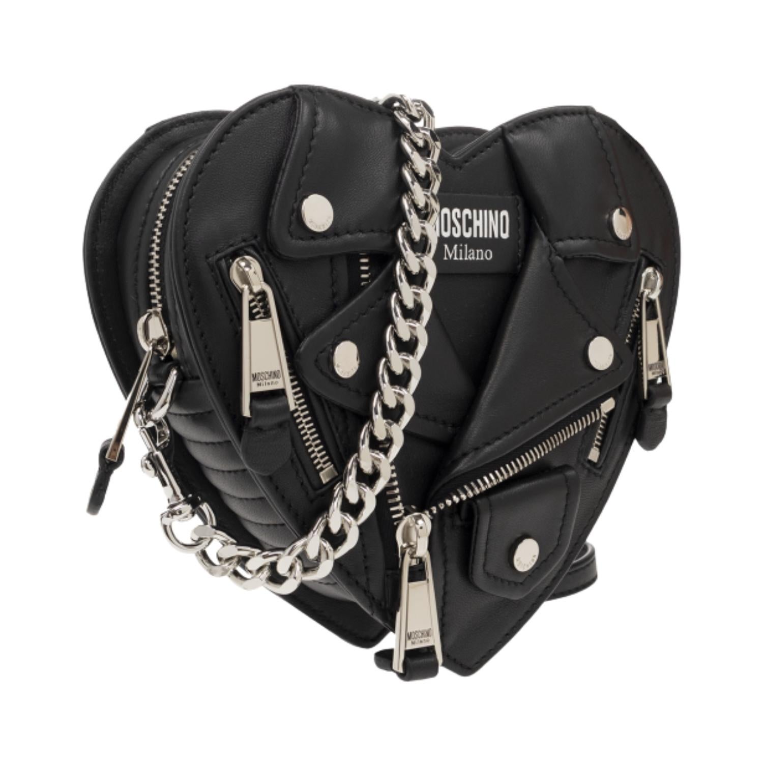 Women's Moschino Black Leather Silver Heart Biker Bag For Sale