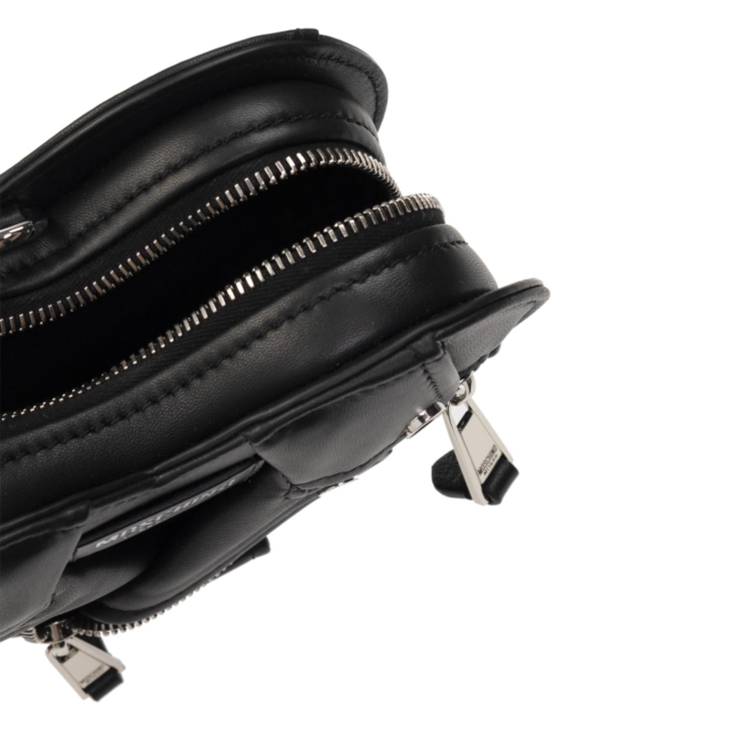 Moschino Black Leather Silver Heart Biker Bag For Sale 1