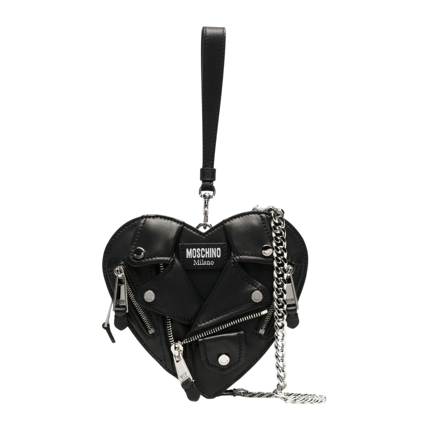 Moschino Black Leather Silver Heart Biker Bag For Sale 3