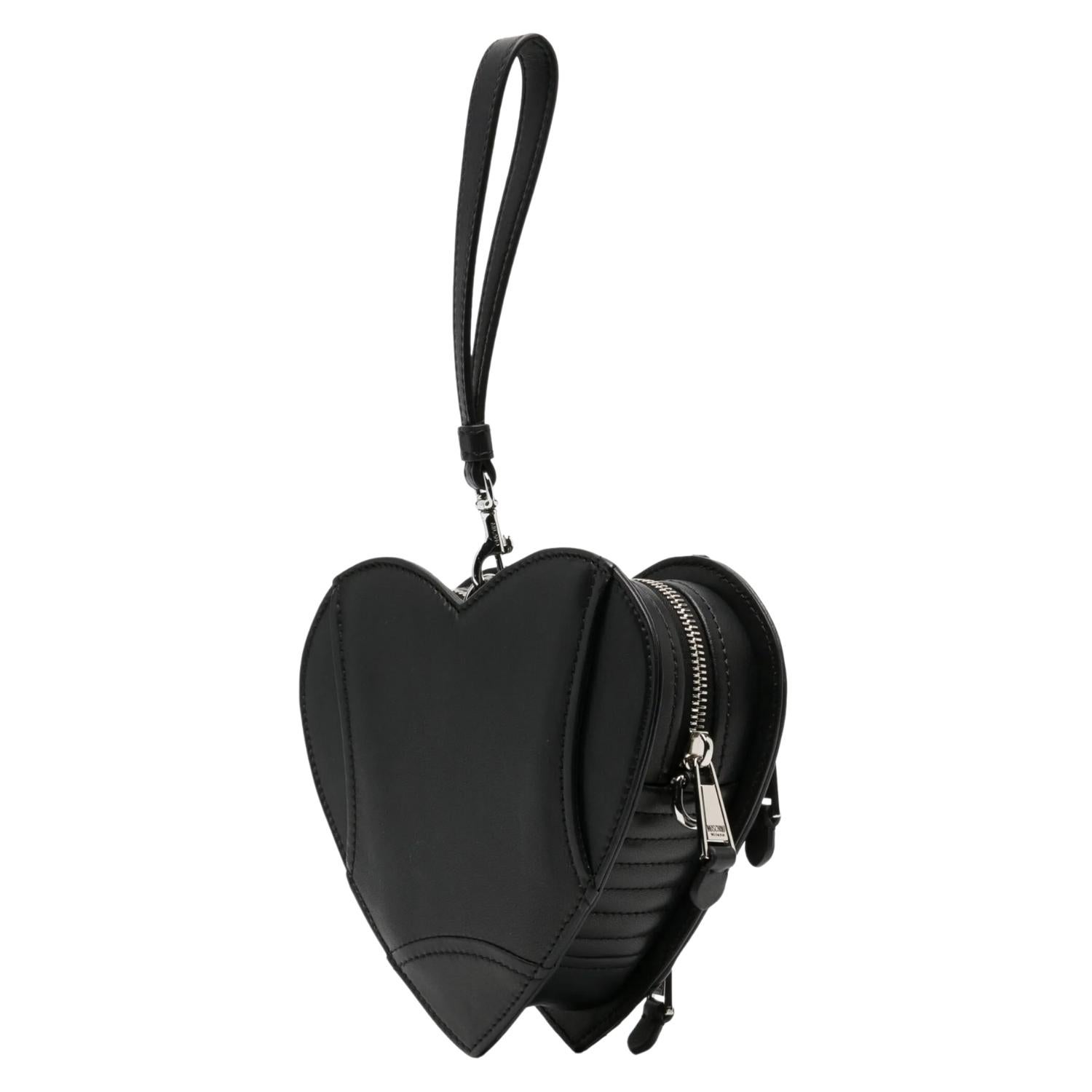 Moschino Black Leather Silver Heart Biker Bag For Sale 4