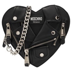 Moschino Black Leather Silver Heart Biker Bag