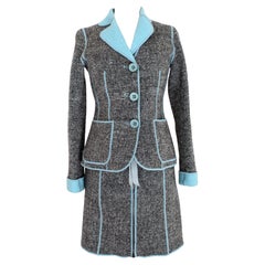 Moschino Black Light Blue Wool Pied De Poule Skirt Suit