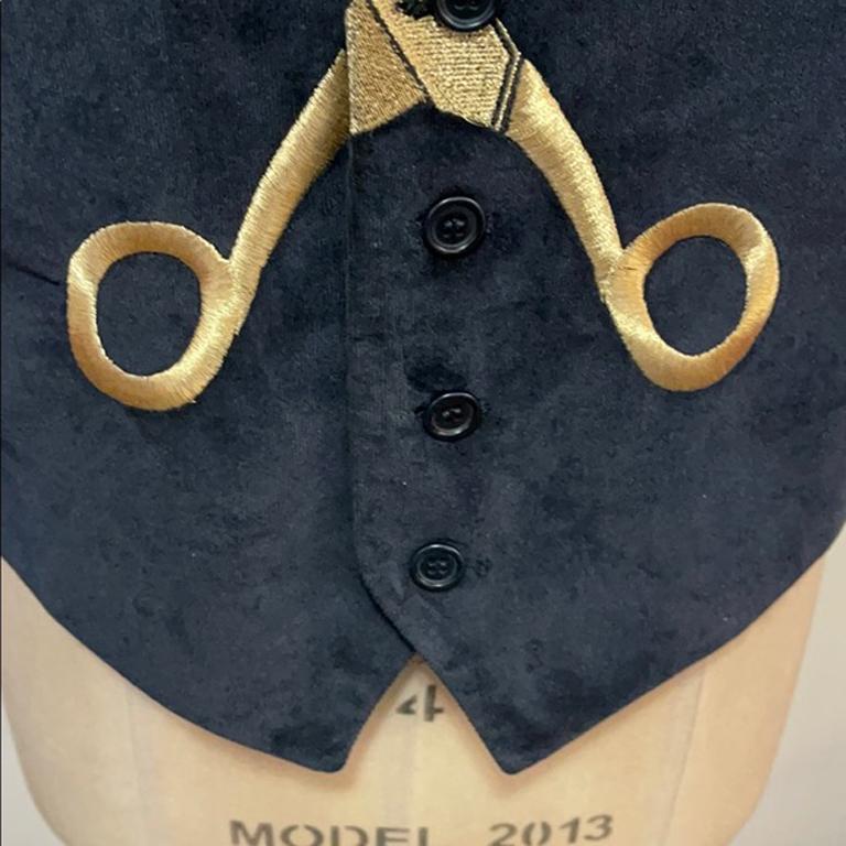 Moschino Black Navy Velvet Gold Scissors Vest In Good Condition In Los Angeles, CA