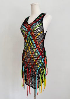 Moschino Black Openwork Crochet Dress with Multicolor Ribbon Lacing