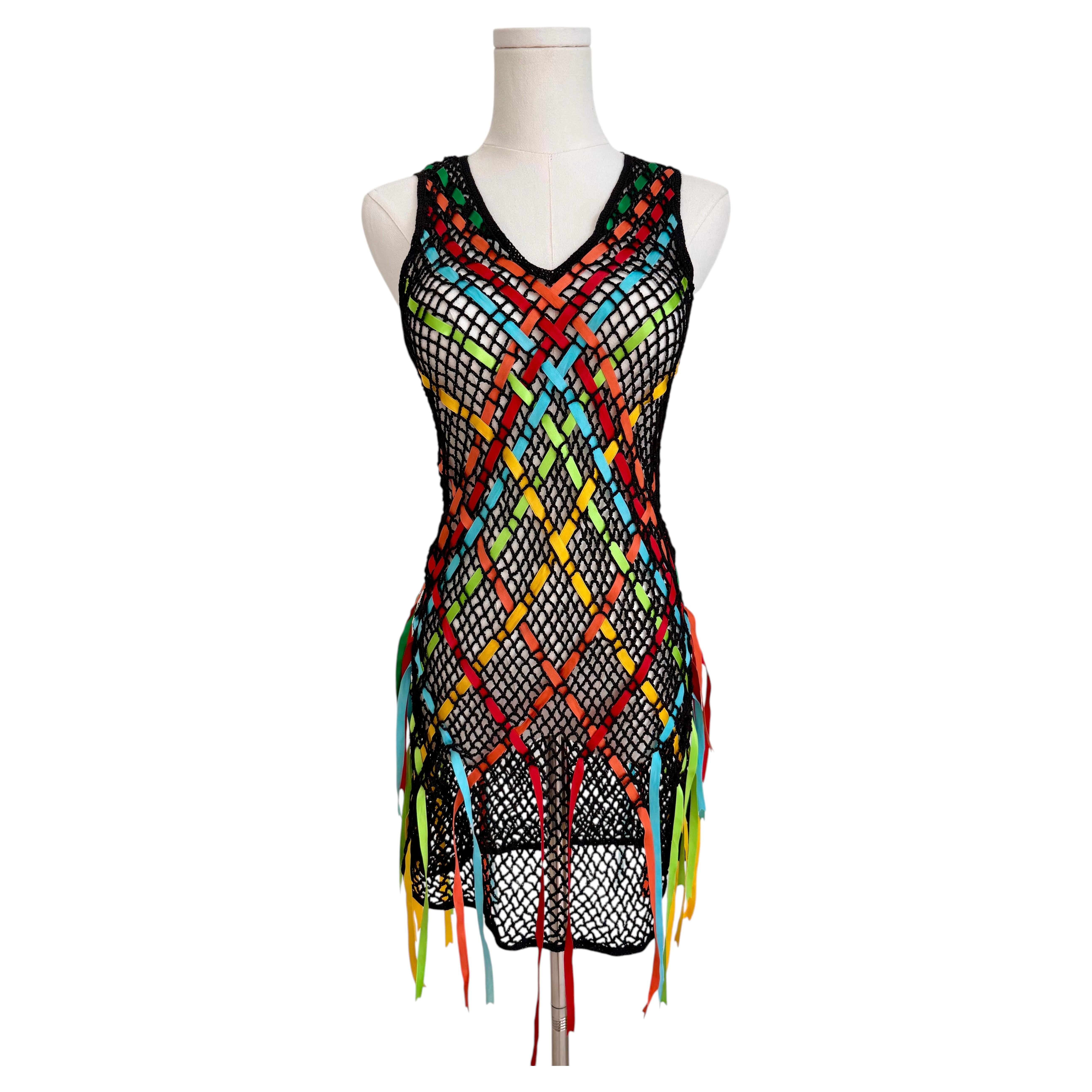 Moschino Black Openwork Crochet Dress with Multicolor Ribbon Lacing