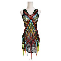 Moschino Black Openwork Crochet Dress with Multicolor Ribbon Lacing