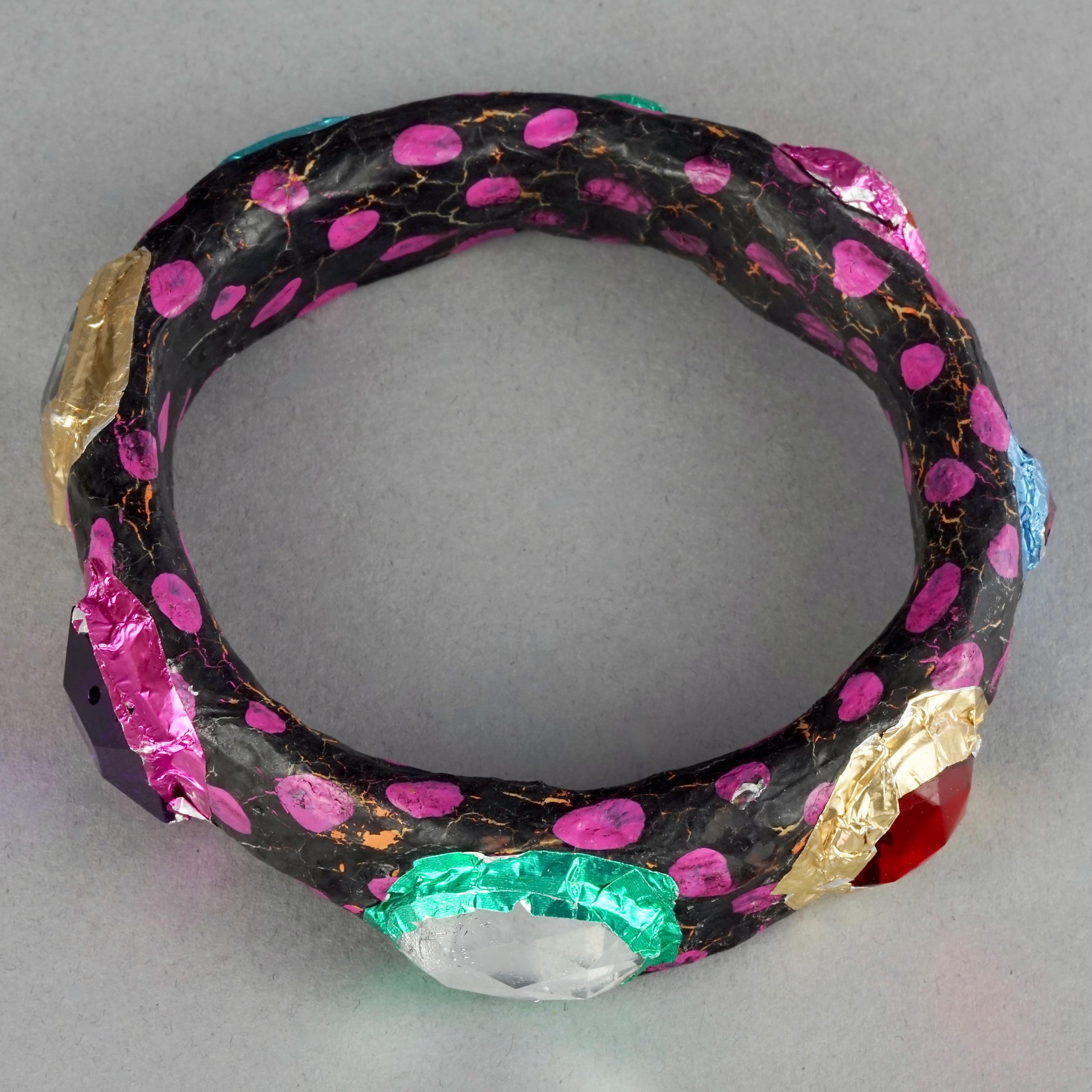 MOSCHINO Black Pink Jewelled Foil Polka Dot Papier-Mâché Bangle Bracelet For Sale 8