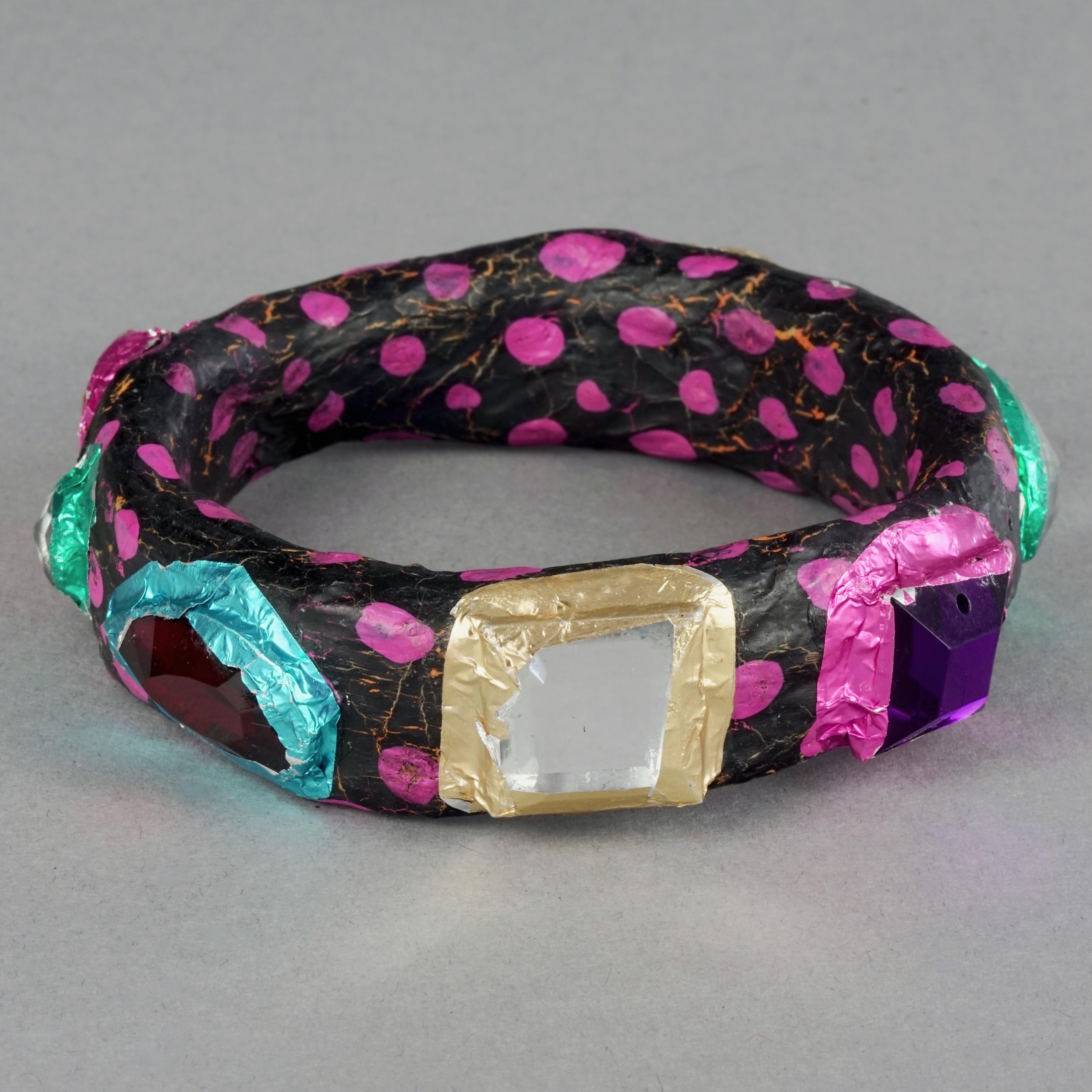 MOSCHINO Black Pink Jewelled Foil Polka Dot Papier-Mâché Bangle Bracelet For Sale 1