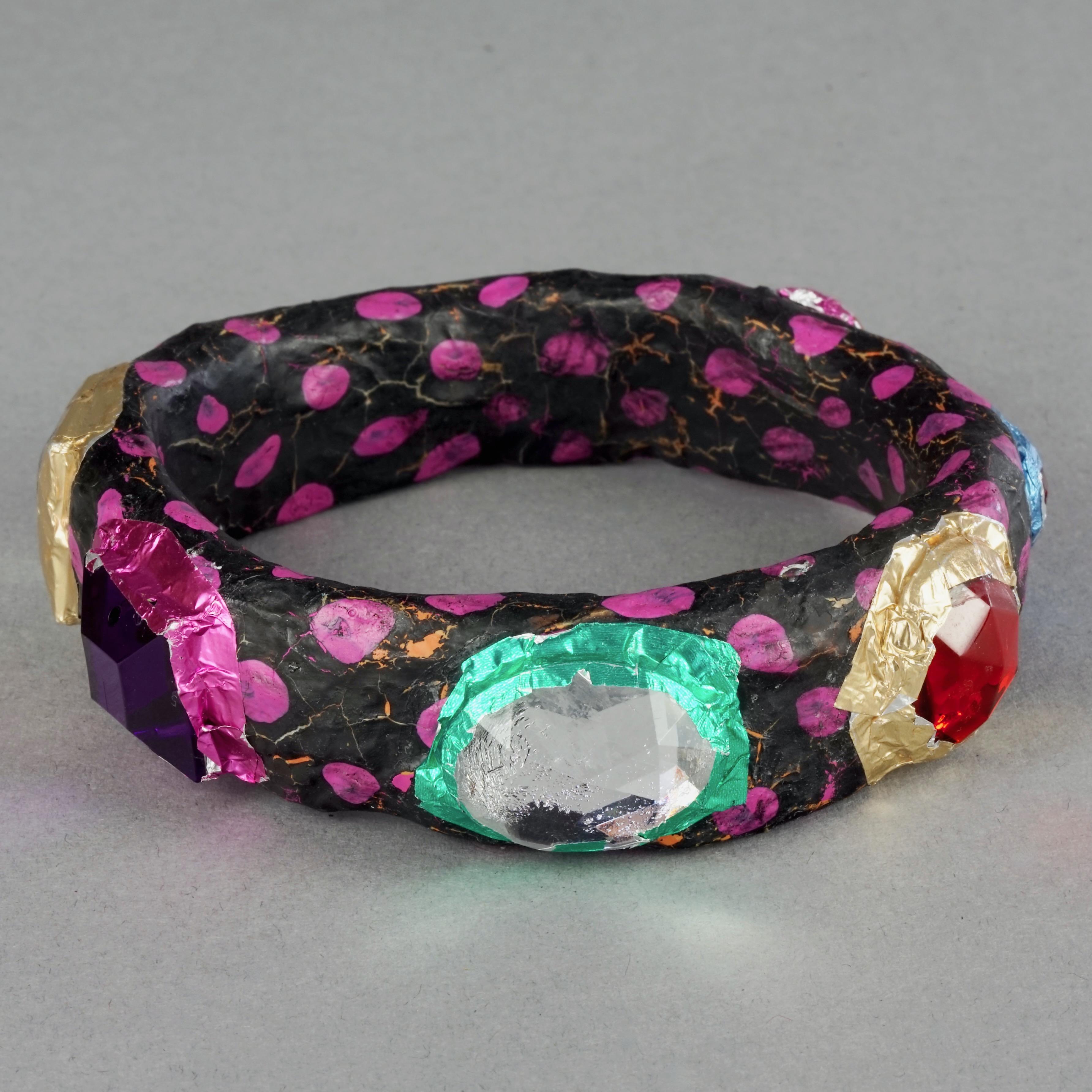 MOSCHINO Black Pink Jewelled Foil Polka Dot Papier-Mâché Bangle Bracelet For Sale 2